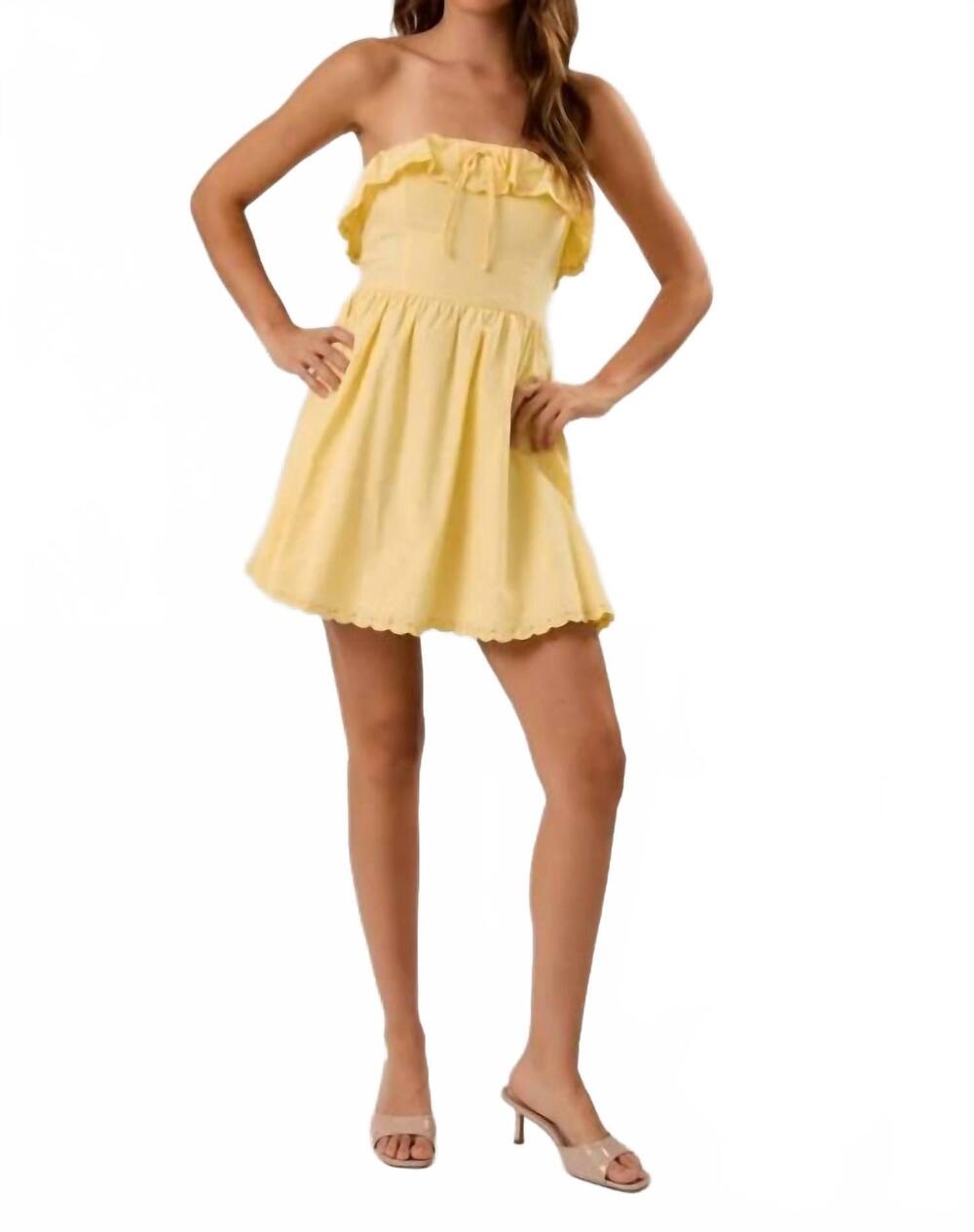 NEW LE LIS strapless eyelet scallop hemline detail mini dress in yellow